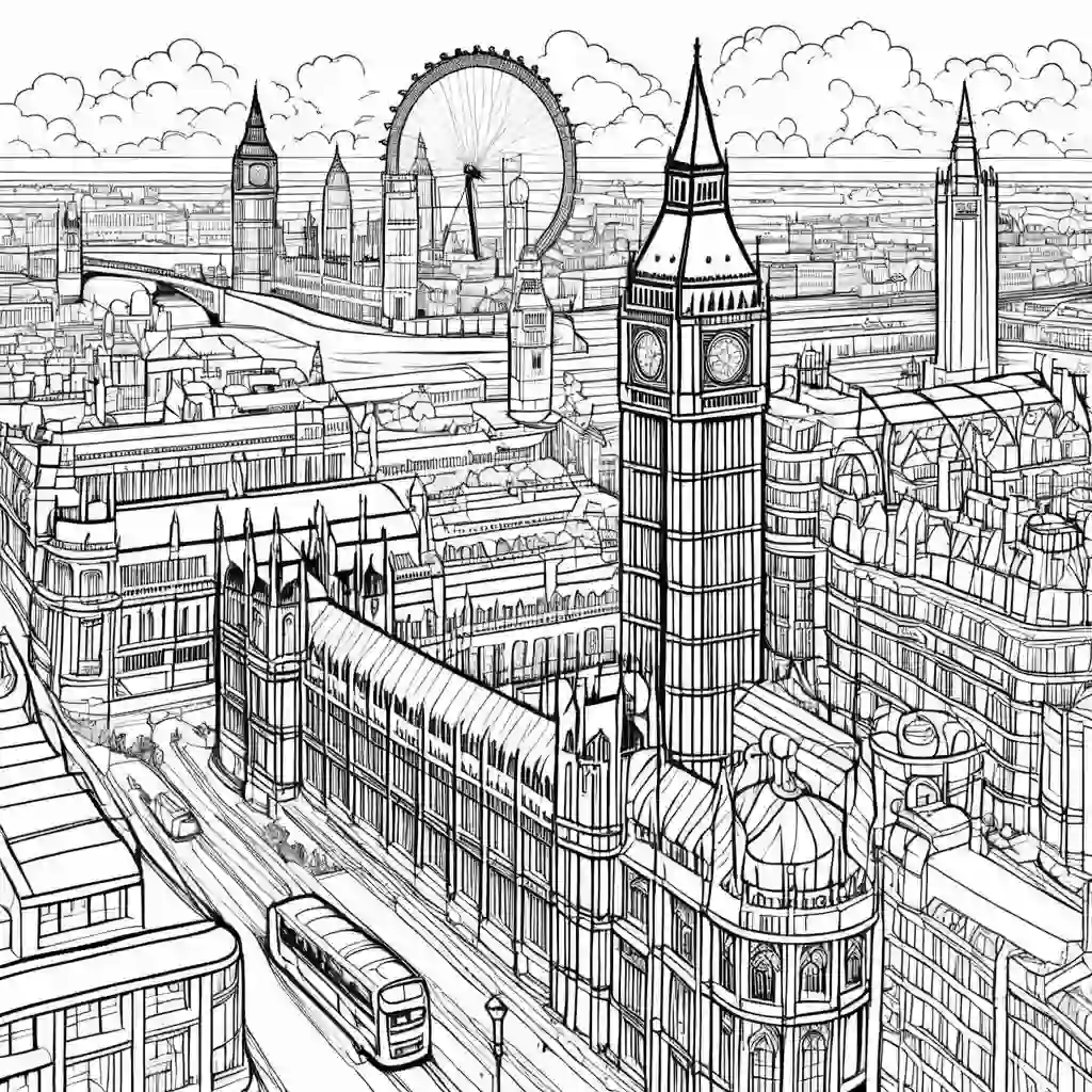 London Cityscape Printable Coloring Book Pages for Kids